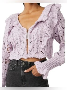 FREE PEOPLE AVERY CARDIGAN DUST CROPPED RUFFLE KNIT HOOK & EYE